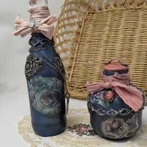 Hand Crafted Decorative Blue and Pink Bottles with Floral Design